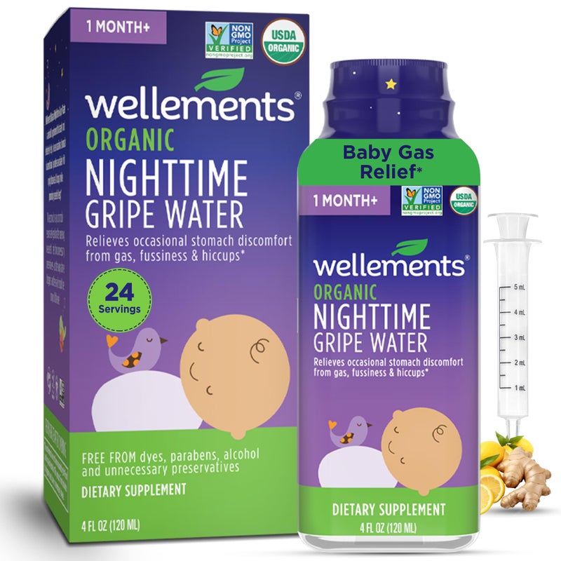 Wellements Organic Nighttime Gripe Water for Babies 1 Month+ (4 Fl Oz) - Baby Gripe Water for Bedtime Relief Gas, Colic & Fussiness - Herbs Promote a Peaceful Night’s Sleep - USDA Certified & Non GMO - Image 1